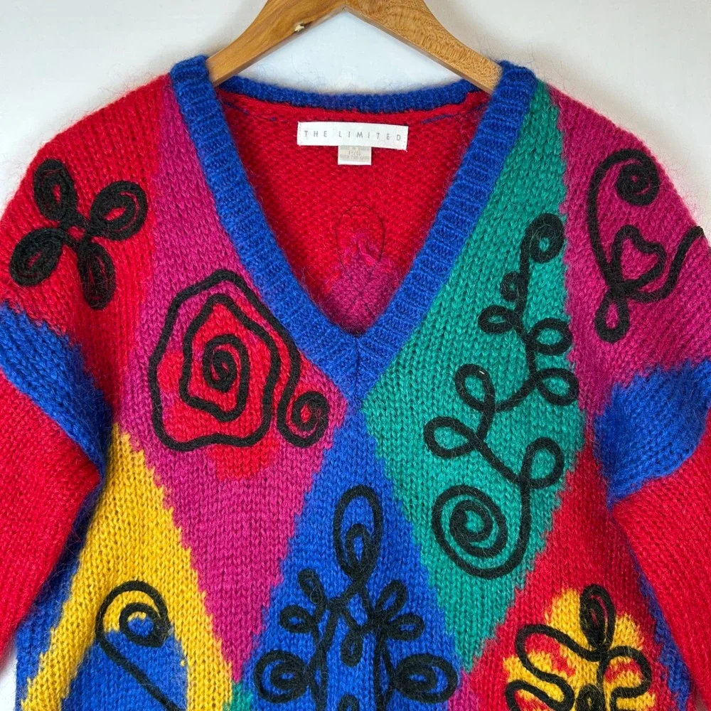 The Limited 80s Geometric Diamond Knit V-Neck Sweater‎ Red Vintage Size P S